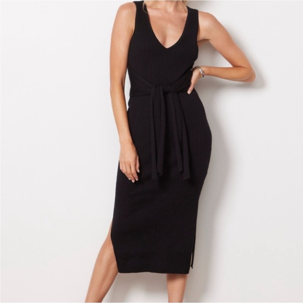 Good American black ribbed knit tie waist midi  dress